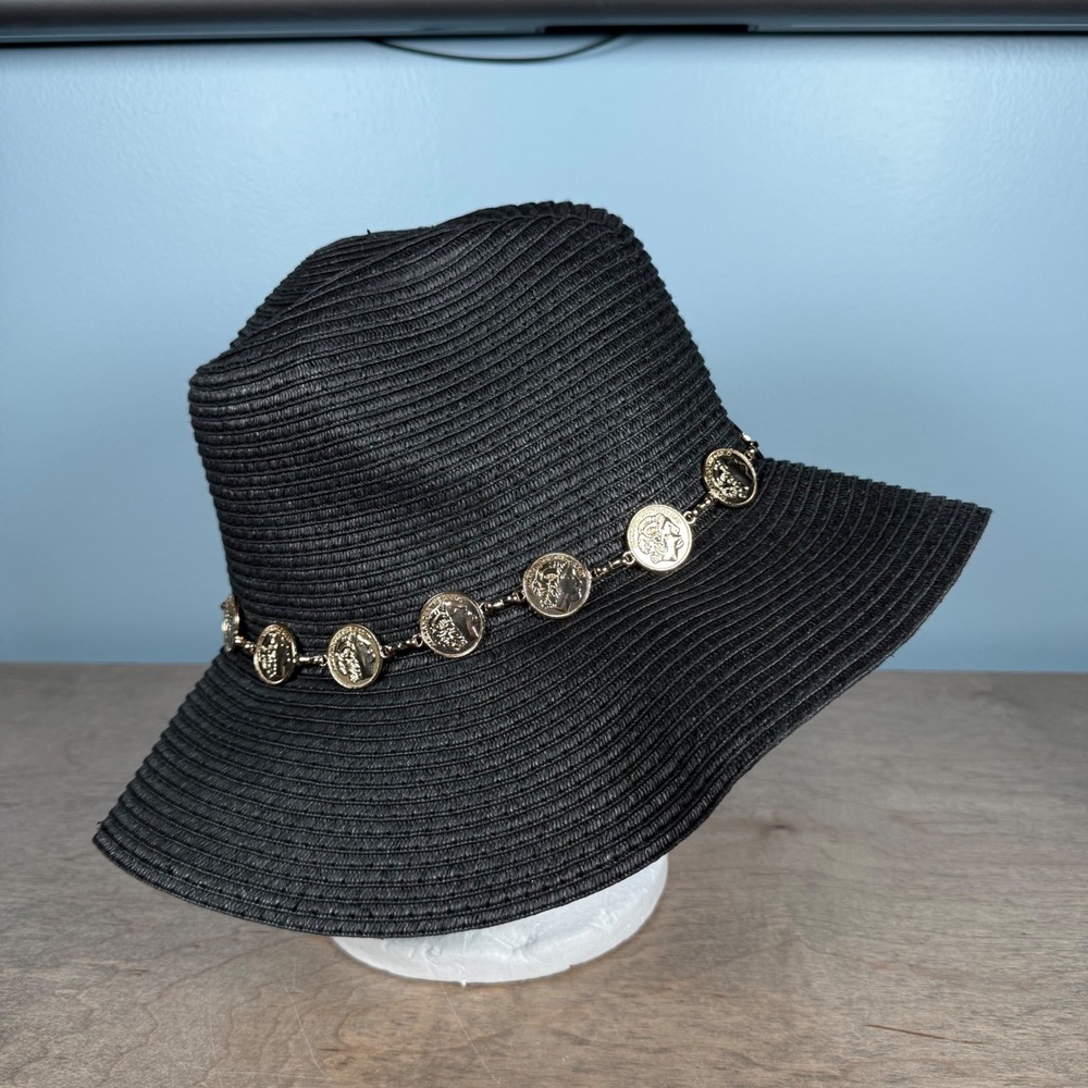 Bebe Sun Hat Black Gold Coin Chain Straw Wide Brim WNDH6447X Floppy Boho NWT